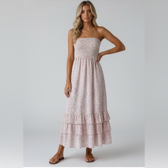 Floral Print Shirred Strapless Ruffle Hem Dress - Picture 1 of 8